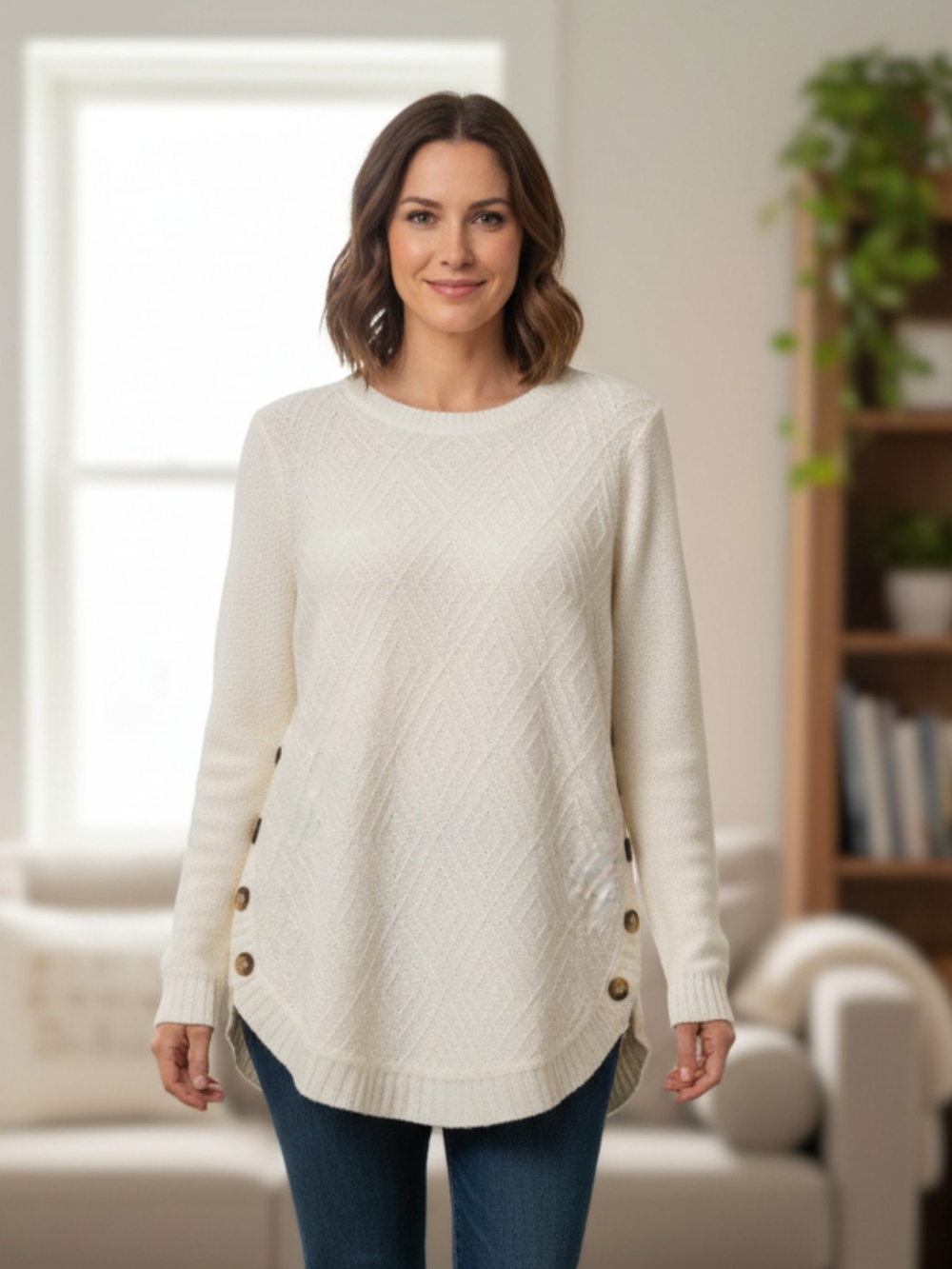 kathy ireland Cream Crewneck Sweater with Side Buttons